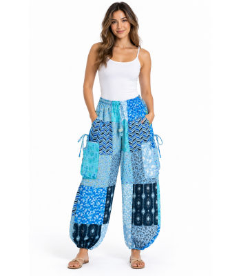 Cotton Multi Blue Patchwork Cargo Yoga Pant  R261112