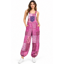 Cotton Multi Purple Patchwork Elastic Strap Free Style Jumpsuit Overall R261118