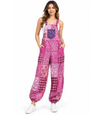 Cotton Multi Purple Patchwork Elastic Strap Free Style Jumpsuit Overall R261118