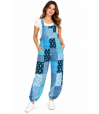 Cotton Multi Purple Patchwork Elastic Strap Free Style Jumpsuit Overall R261117