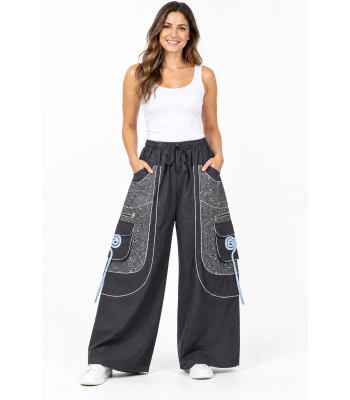 Cotton Heavy Shayma Zip Swirl Emb Pocket Black Boho Pant RB17 /14