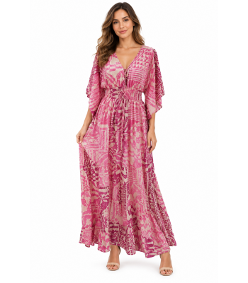 Bohemian Vintage 3/4 Bell Sleeve Pink Maxi Dress RSD28