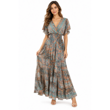 Bohemian Vintage Cap Sleeve  V neck  Teal Maxi Dress RSD29