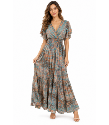 Bohemian Vintage Cap Sleeve  V neck  Teal Maxi Dress RSD29