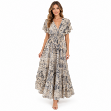 Bohemian Vintage Cap Sleeve  V neck Grey multi Maxi Dress RSD30