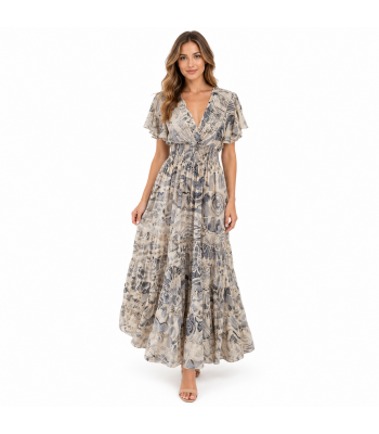 Bohemian Vintage Cap Sleeve  V neck Grey multi Maxi Dress RSD30