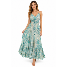 Bohemian Vintage Spaghetti Straps Teal Maxi Dress RSD31