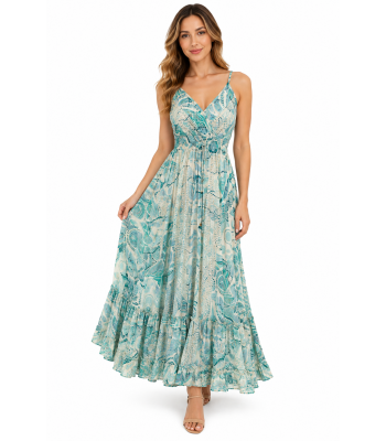 Bohemian Vintage Spaghetti Straps Teal Maxi Dress RSD31