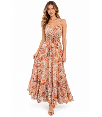 Bohemian Vintage Spaghetti Straps Orange floral   Maxi Dress RSD34