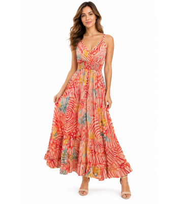 Bohemian Vintage Spaghetti Straps Red Spiral floral Maxi Dress RSD35