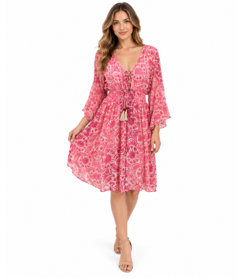Bohemian Vintage Patch print  V neck  bell sleeve  red  floral   Tunic Dress RSD38