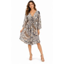 Bohemian Vintage Patch print  V neck  bell sleeve Grey Paisley  floral   Tunic Dress RSD39