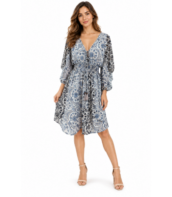 Bohemian Vintage Patch print  V neck  bell sleeve sunflower Tunic Dress RSD40