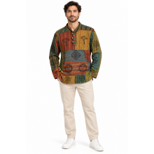 Cotton Patchwork  Pocket  Round Neck Three Button Summon Kurtha (SL501)