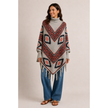 Women's Gray and Pink Turtle Neck Poncho KF2146