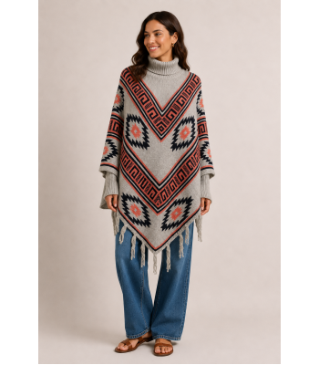 Women's Gray and Pink Turtle Neck Poncho KF2146