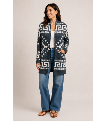 Women's Drk Blue White Aztec Open Front Sweater Cardigan KF24941