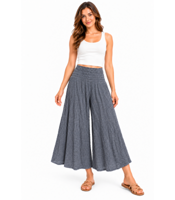 Cotton Crinkle Charcoal Gray Wide Leg Palazzo Pants KTX261449