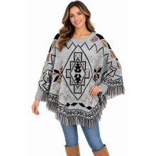 Women's Sleeve Open Front Fringe Aztec Poncho (KF23429)