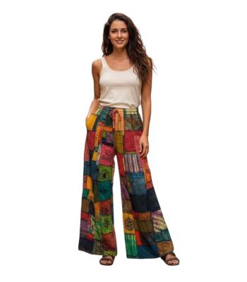 Cotton Stonewashed Patchwork Block Print Palazzo Pant KTD25695