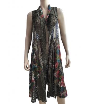 Women Multi Patchwork Long Open Front Vest Cardigan KBS2212