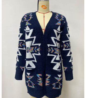 Women's Rainbow Aztec Blue Pocket Open Front Sweater Cardigan (KF23410)