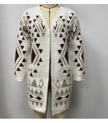 Women's Aztec SW Off White Multi Open Front Cardigan (KF23416)