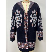Women's Aztec Blue Multi open Front Hooded Sweater Cardigan (KF23417)
