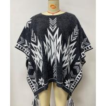 Women's  B/W Aztec Round Neck Knot Tassel Open Poncho (KF23423)