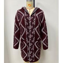 Women's Open Front Coffee White Multi Stripe  Aztec Hooded Cardigan  KF23453