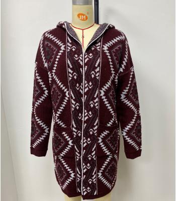 Women's Open Front Coffee White Multi Stripe  Aztec Hooded Cardigan  KF23453