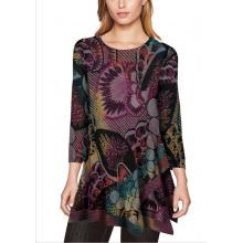 Women's  Marble Texture Burnout Button Net Trim Asymmetrical Round Neck Tunic (KV23323)
