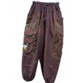 Cotton Boho Harem Baggy Silhouette Coffee Floral Embroidery Mushroom Pant D1426 