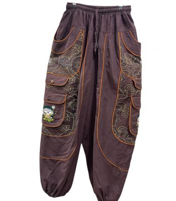 Cotton Boho Harem Baggy Silhouette Coffee Floral Embroidery Mushroom Pant D1426 