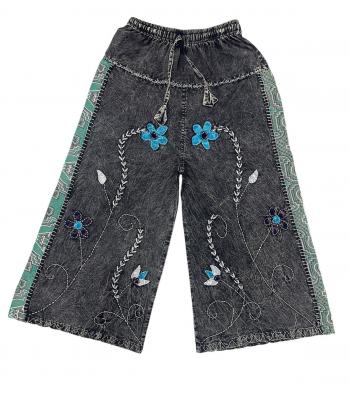 Cotton Artwork Flower Embroidery Wide Leg Pant D1476