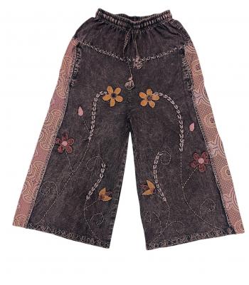 Cotton Artwork Flower Embroidery Wide Leg Pant D1478