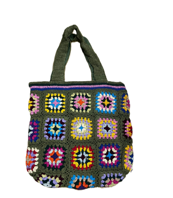 Cotton  Crochet  Square Pattern Green Tote  Bag DT25812G