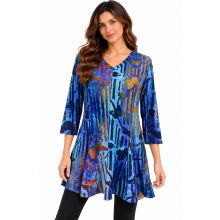 Women's  Knit Ocean Blue Butterfly V neck  Tunic Top KD91527