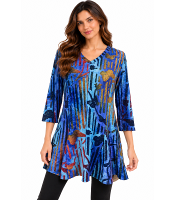 Women's  Knit Ocean Blue Butterfly V neck  Tunic Top KD91527