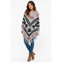 Ladies SW Print SLV fringe Hooded Poncho Wholesale (KF2157)