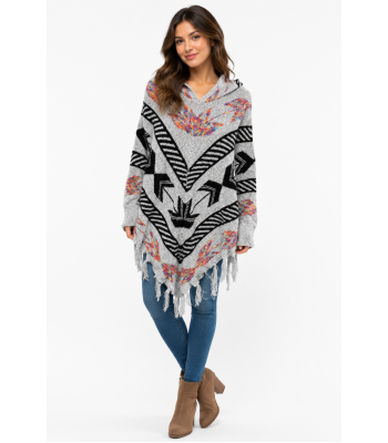 Ladies SW Print SLV fringe Hooded Poncho Wholesale (KF2157)