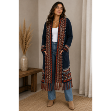 Women's Knitted Fringe Long Open Front Cardigan (KF2196)