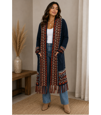Women's Knitted Fringe Long Open Front Cardigan (KF2196)