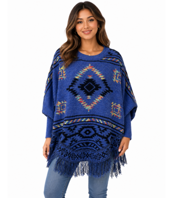  Round Neck Fringe Sleeve Poncho (KF2293)