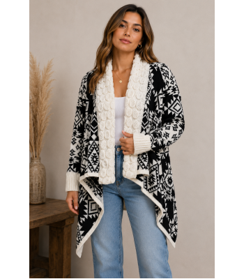 Women's  B/W Aztec Scarf Knit Open Front Sweater Cardigan (KF23408)