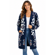Women's Rainbow Aztec Blue Pocket Open Front Sweater Cardigan (KF23410)