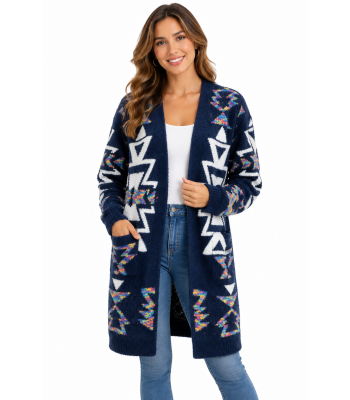 Women's Rainbow Aztec Blue Pocket Open Front Sweater Cardigan (KF23410)