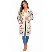 Women's Aztec SW Off White Multi Open Front Cardigan (KF23416)