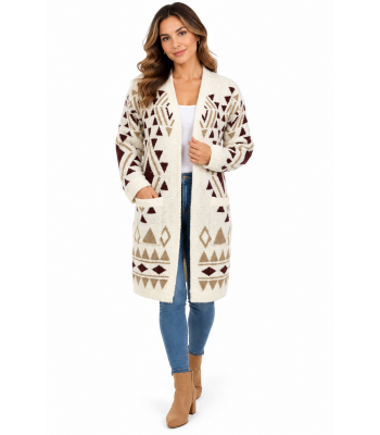 Women's Aztec SW Off White Multi Open Front Cardigan (KF23416)