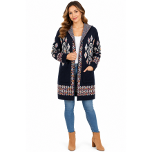 Women's Aztec Blue Multi open Front Hooded Sweater Cardigan (KF23417)